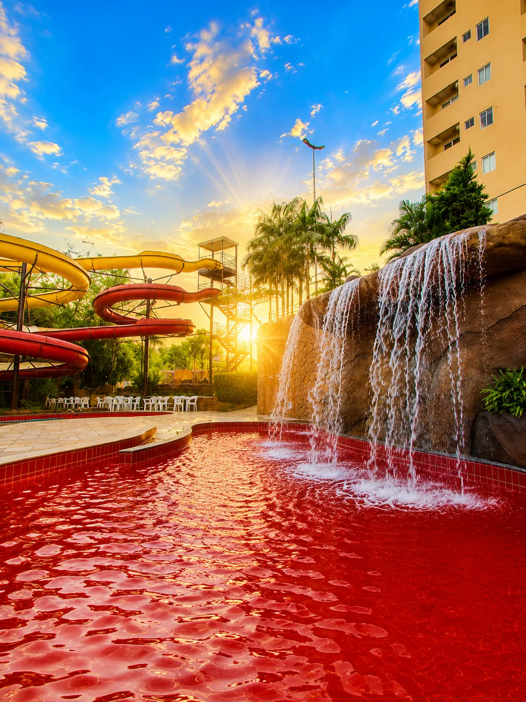 Cascata da piscina do clube com raios de sol